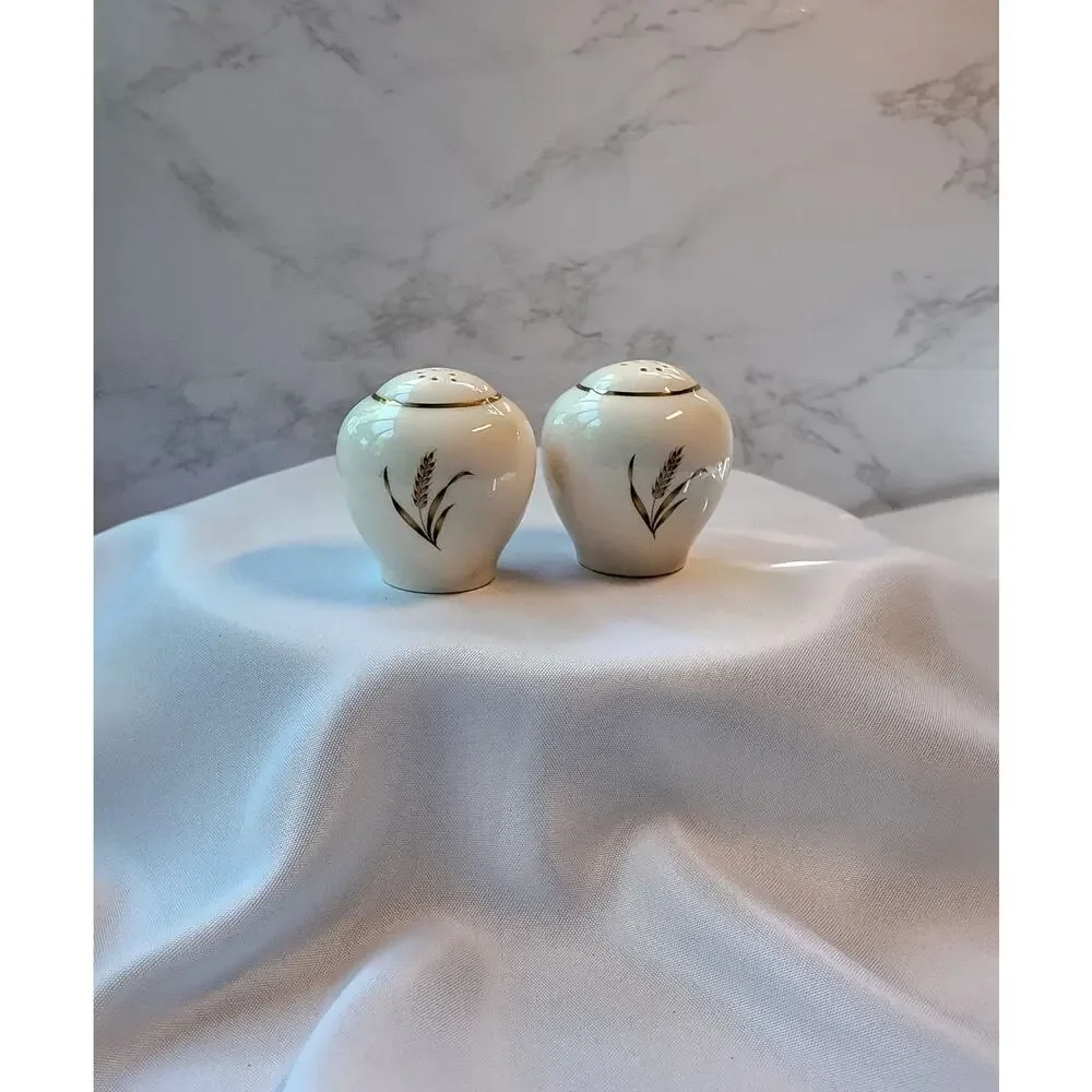 Vintage MCM Wheat Salt and Pepper Shakers Cream Porcelain Gold Trim Functional